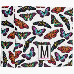 Colorful Butterflies Watercolor Pattern Monogram 3 Ring Binder