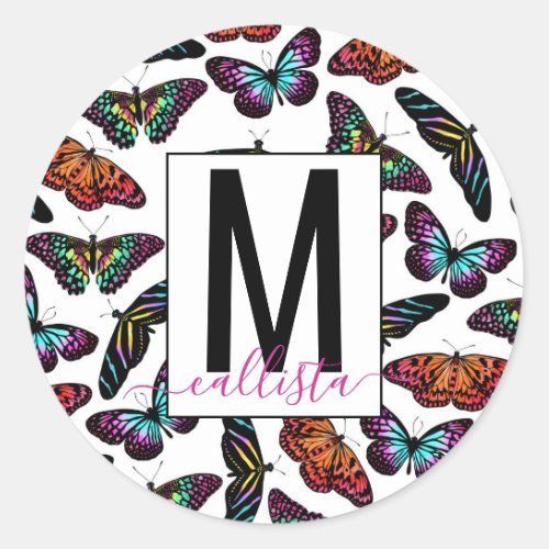 Colorful Butterflies Watercolor Pattern Monogram Classic Round Sticker