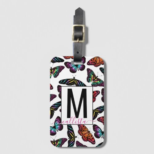 Colorful Butterflies Watercolor Pattern Monogram Luggage Tag