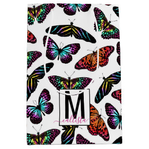 Colorful Butterflies Watercolor Pattern Monogram Medium Gift Bag