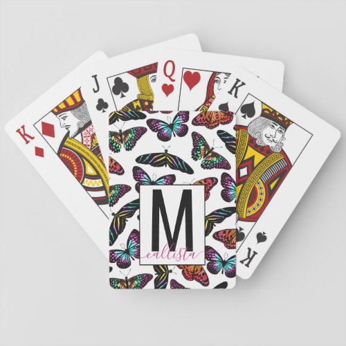 Colorful Butterflies Watercolor Pattern Monogram Poker Cards