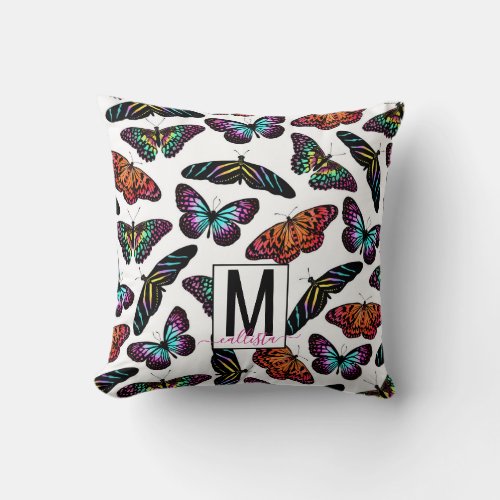 Colorful Butterflies Watercolor Pattern Monogram Throw Pillow