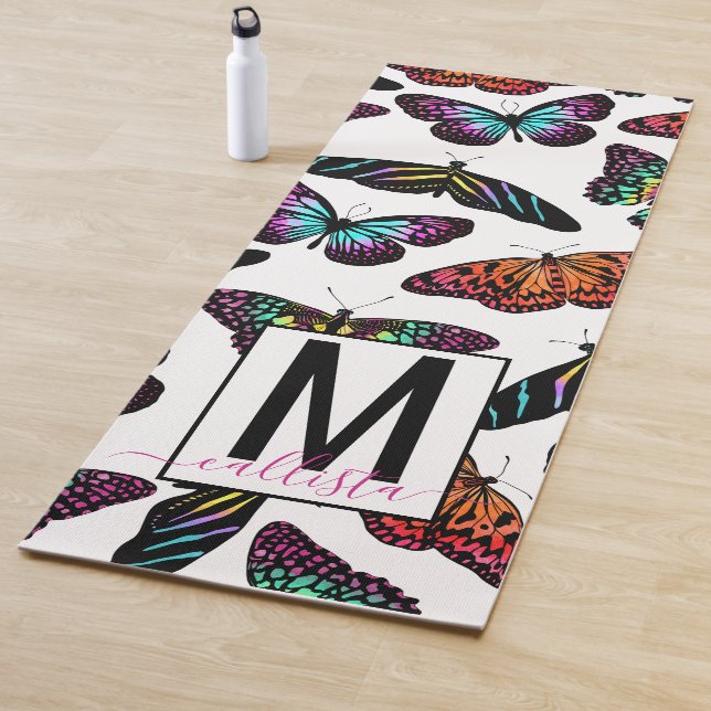 Colorful Butterflies Watercolor Pattern Monogram Yoga Mat (In Situ)