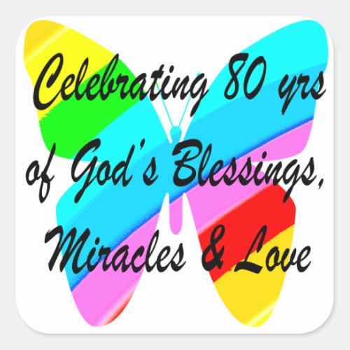 COLORFUL BUTTERFLY 80TH BIRTHDAY SQUARE STICKER