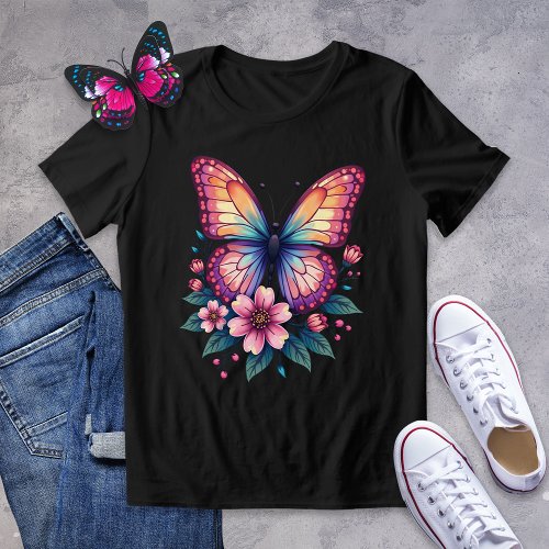 Colorful Butterfly and Floral Graphic Tee