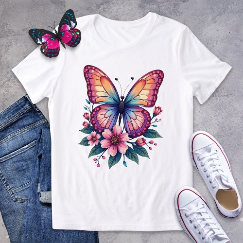 Colorful Butterfly and Floral Graphic Tee
