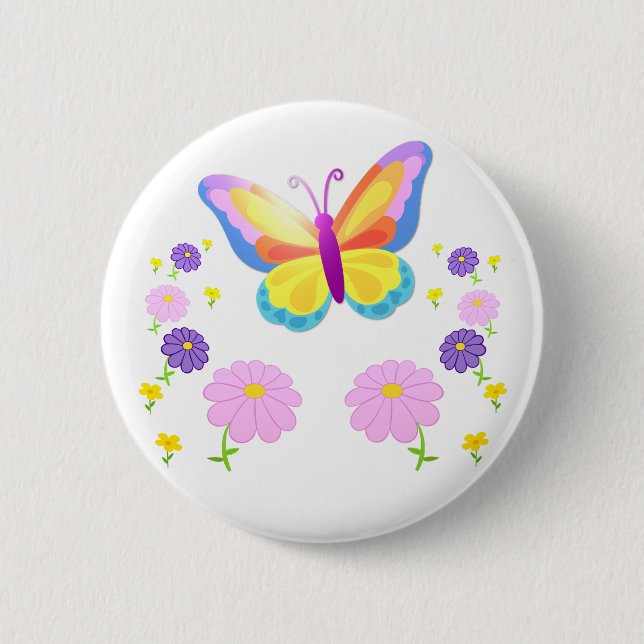Colorful Butterfly and Flowers Button Badge (Front)