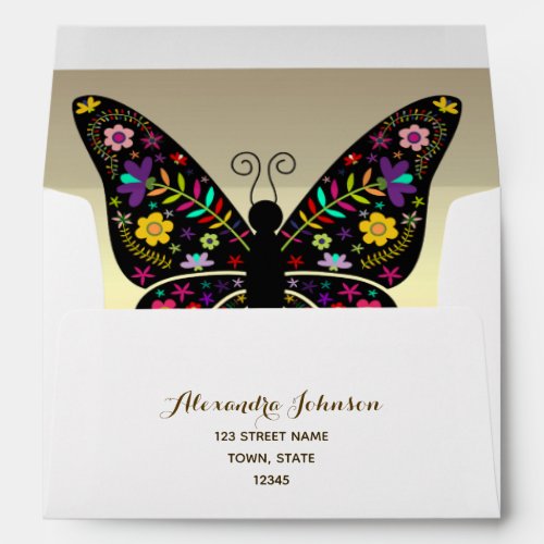 Colorful Butterfly and Gold Foil Return Address Envelope