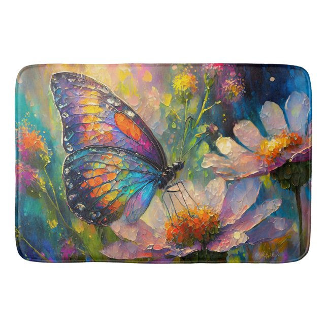 Colorful Butterfly and Wildflowers at Sunrise Bath Mat (Front)