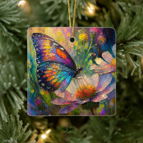 Colorful Butterfly and Wildflowers at Sunrise Ceramic Ornament