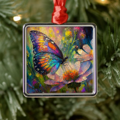 Colorful Butterfly and Wildflowers at Sunrise Metal Ornament