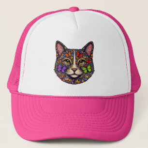 Colorful Butterfly Blooms Cat Portrait Kitty Lover Trucker Hat