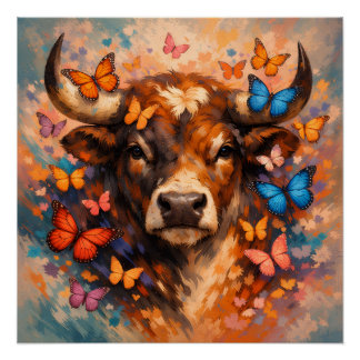 Colorful Butterfly Bull | Vibrant Wildlife Poster