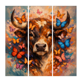 Colorful Butterfly Bull | Vibrant Wildlife Triptych