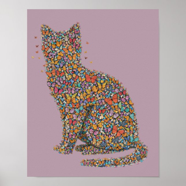 Colorful Butterfly Cat Silhouette Art | Cat Lover Poster (Front)