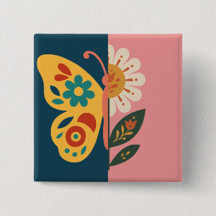 Colorful butterfly decoration with floral elements button
