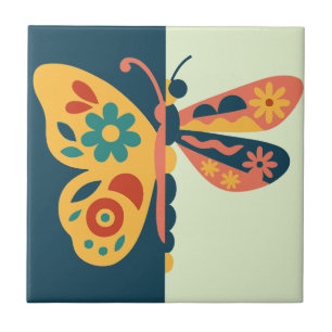 Colorful butterfly decoration with floral elements ceramic tile