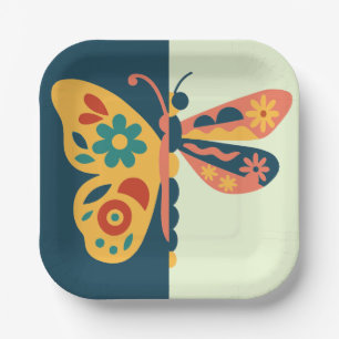 Colorful butterfly decoration with floral elements paper plates