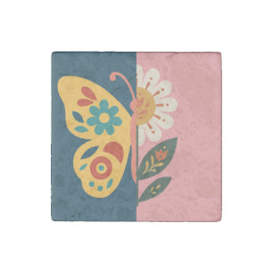 Colorful butterfly decoration with floral elements stone magnet