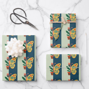 Colorful butterfly decoration with floral elements wrapping paper sheets