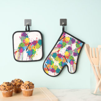 Colorful Butterfly Drip-Paint Watercolor Kitchen Oven Mitt & Pot Holder Set