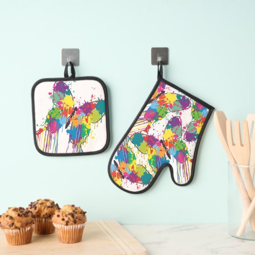 Colorful Butterfly Drip_Paint Watercolor Kitchen Oven Mitt  Pot Holder Set