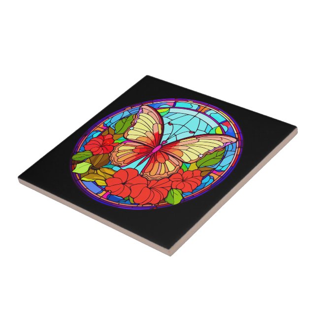 Colorful Butterfly Floral  Ceramic Tile (Side)
