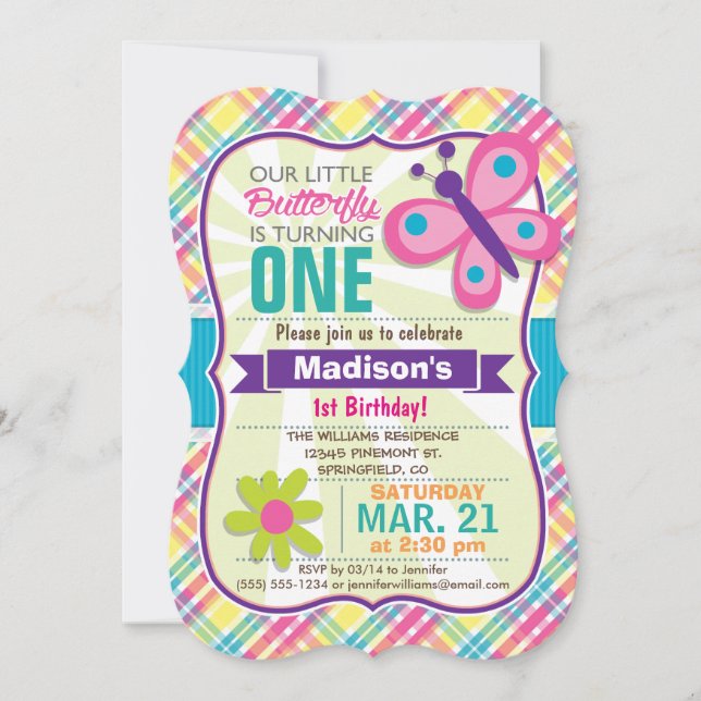 Colorful Butterfly & Flower, Plaid Birthday Party Invitation (Front)