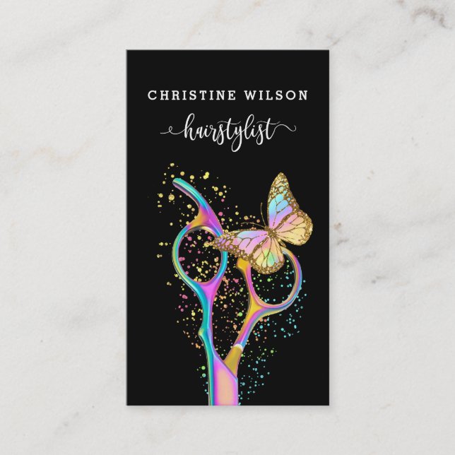 colorful butterfly hairdresser scissors business card (Front)