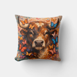 Colorful Butterfly Highland Bull Throw Pillow