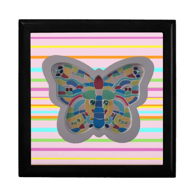 Colorful Butterfly Mosaic Striped Keepsake Box (Front)