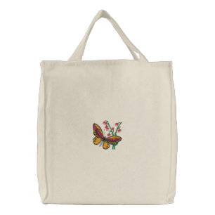 Colorful Butterfly on Flowers Emboirdered Bag