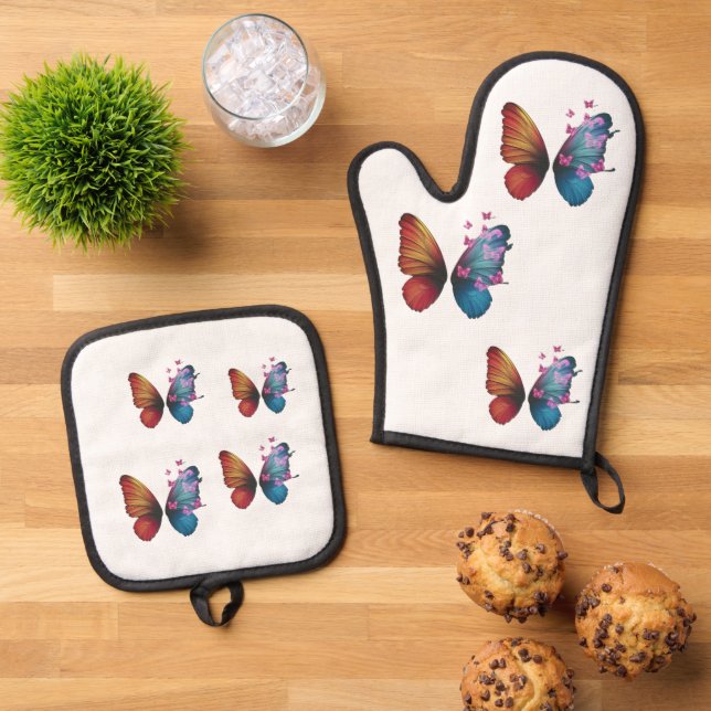 colorful butterfly oven mitt & pot holder set (Top Down)