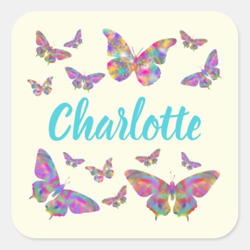 Colorful Butterfly Pattern Name Square Sticker