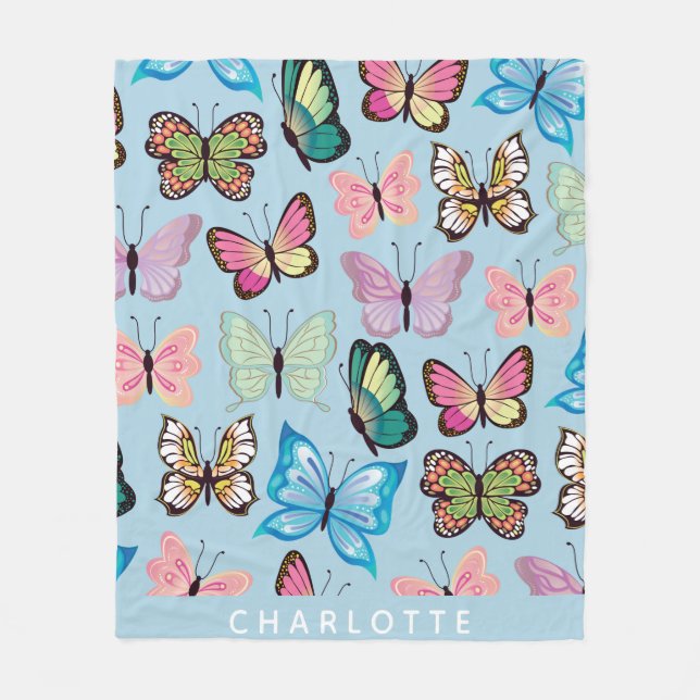 Colorful Butterfly Pattern Pastel Blue Custom Name Fleece Blanket (Front)