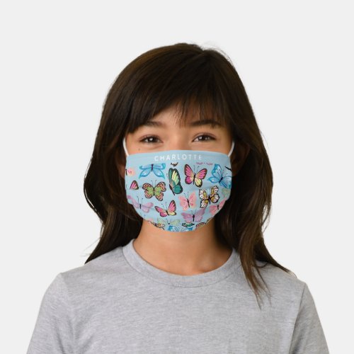 Colorful Butterfly Pattern Pastel Blue Custom Name Kids Cloth Face Mask