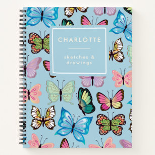 Colorful Butterfly Pattern Pastel Blue Sketchbook Notebook