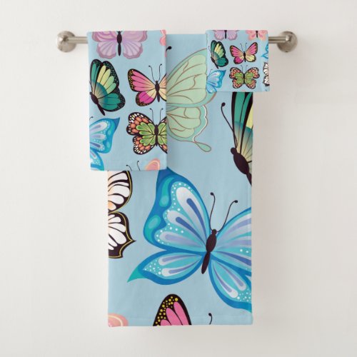 Colorful Butterfly Pattern Pastel Light Blue Bath Towel Set