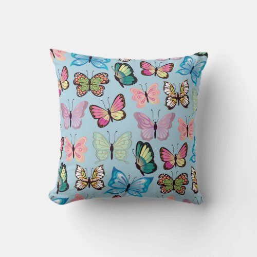 Colorful Butterfly Pattern Pastel Light Blue Throw Pillow