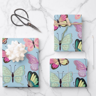 Colorful Butterfly Pattern Pastel Light Blue Wrapping Paper Sheets