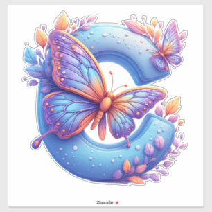 Colorful Butterfly Perched On Bright Blue Letter C Sticker
