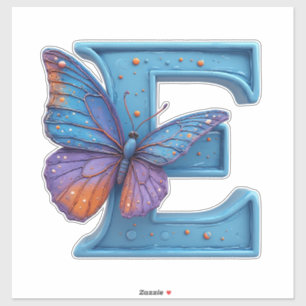Colorful Butterfly Perched On Bright Blue Letter E Sticker