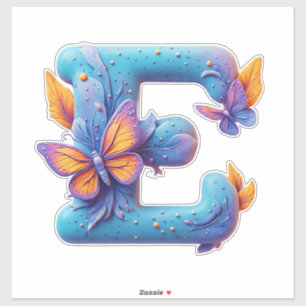 Colorful Butterfly Perched On Bright Blue Letter E Sticker