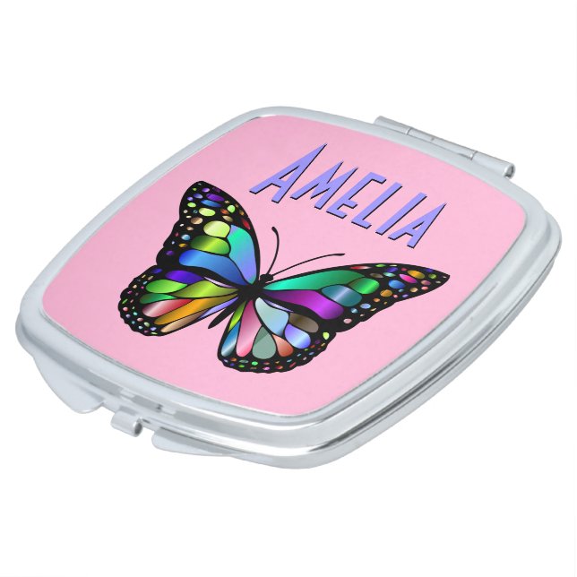 Colorful Butterfly Pink Background Lilac Text Compact Mirror (Turned)