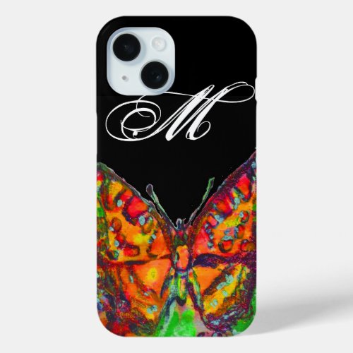COLORFUL BUTTERFLY RED GOLD YELLOW MONOGRAM Black iPhone 15 Case