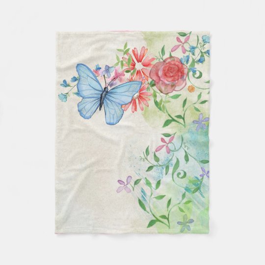 Colorful Butterfly Red Rose Watercolor Painting Fleece Blanket