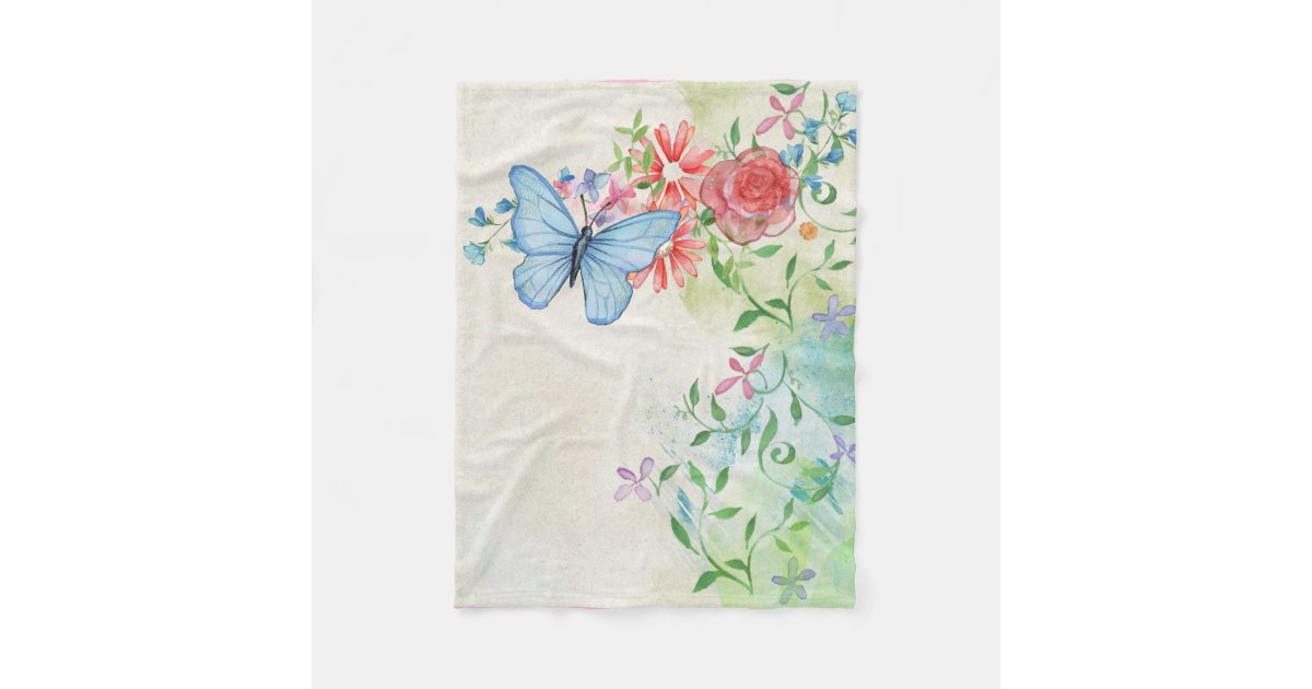 Colorful Butterfly Red Rose Watercolor Painting Fleece Blanket