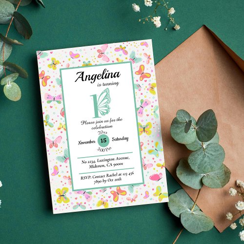 Colorful butterfly theme 1st birthday green white Invitation
