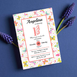 Colorful butterfly themed cute pastel 1st birthday invitation