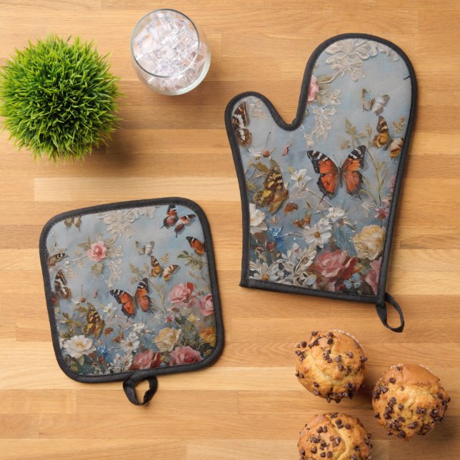 Colorful Butterfly Watercolor  Oven Mitt & Pot Holder Set (Top Down)
